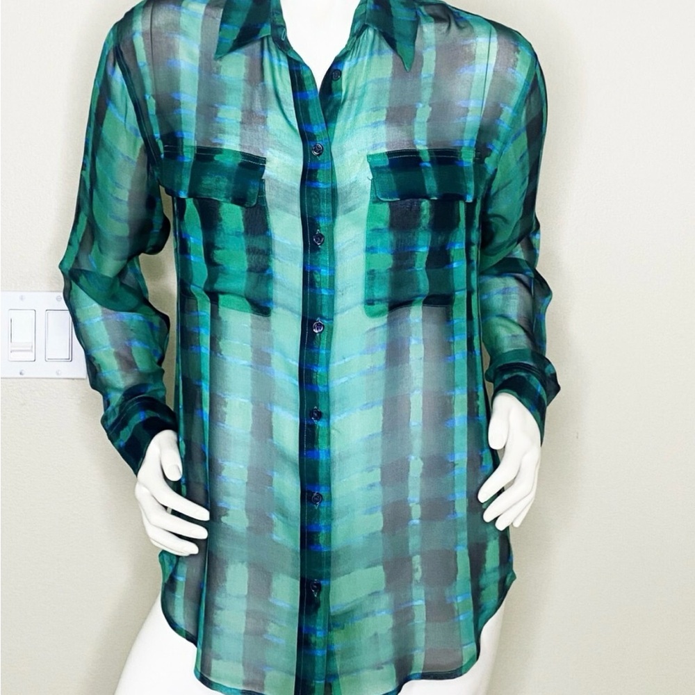 Equipment Green and Blue Plaid Sheer Blouse